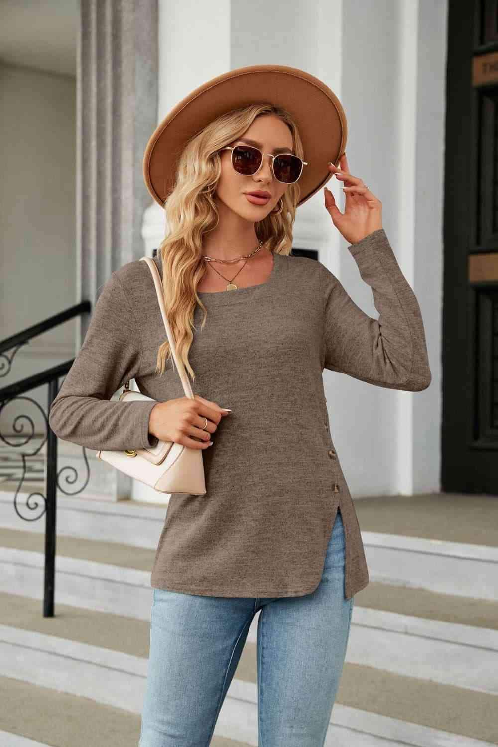 Square Neck Long Sleeve Slit T-Shirt Coffee Brown Women's T-Shirts - Tophatter Daily Deals