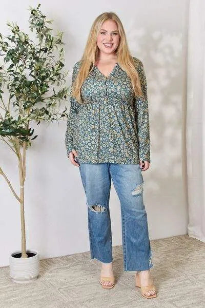 Heimish Full Size Floral Half Button Long Sleeve Blouse Blouses - Tophatter Daily Deals