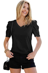 Puff Sleeve V-Neck Tee Blouses - Tophatter Daily Deals
