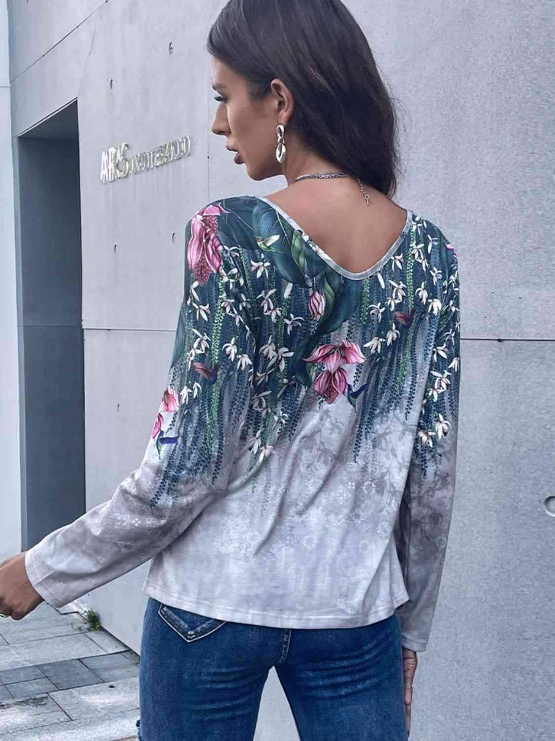 Floral V-Neck Long Sleeve Tee Women's T-Shirts - Tophatter Daily Deals