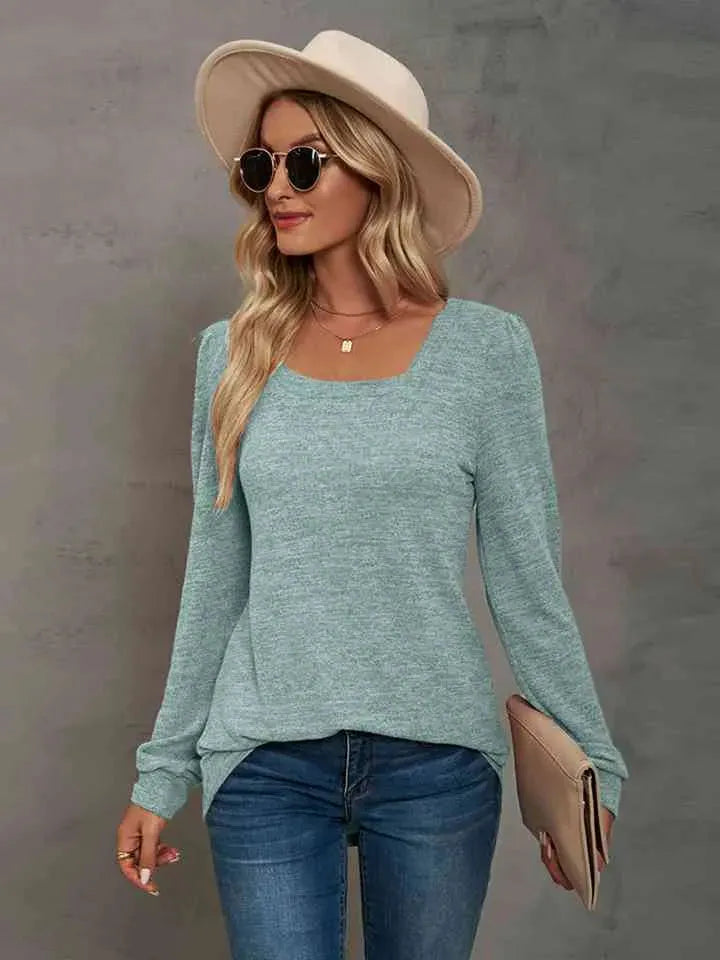 Heathered Square Neck Long Sleeve T-Shirt Women's T-Shirts - Tophatter Daily Deals
