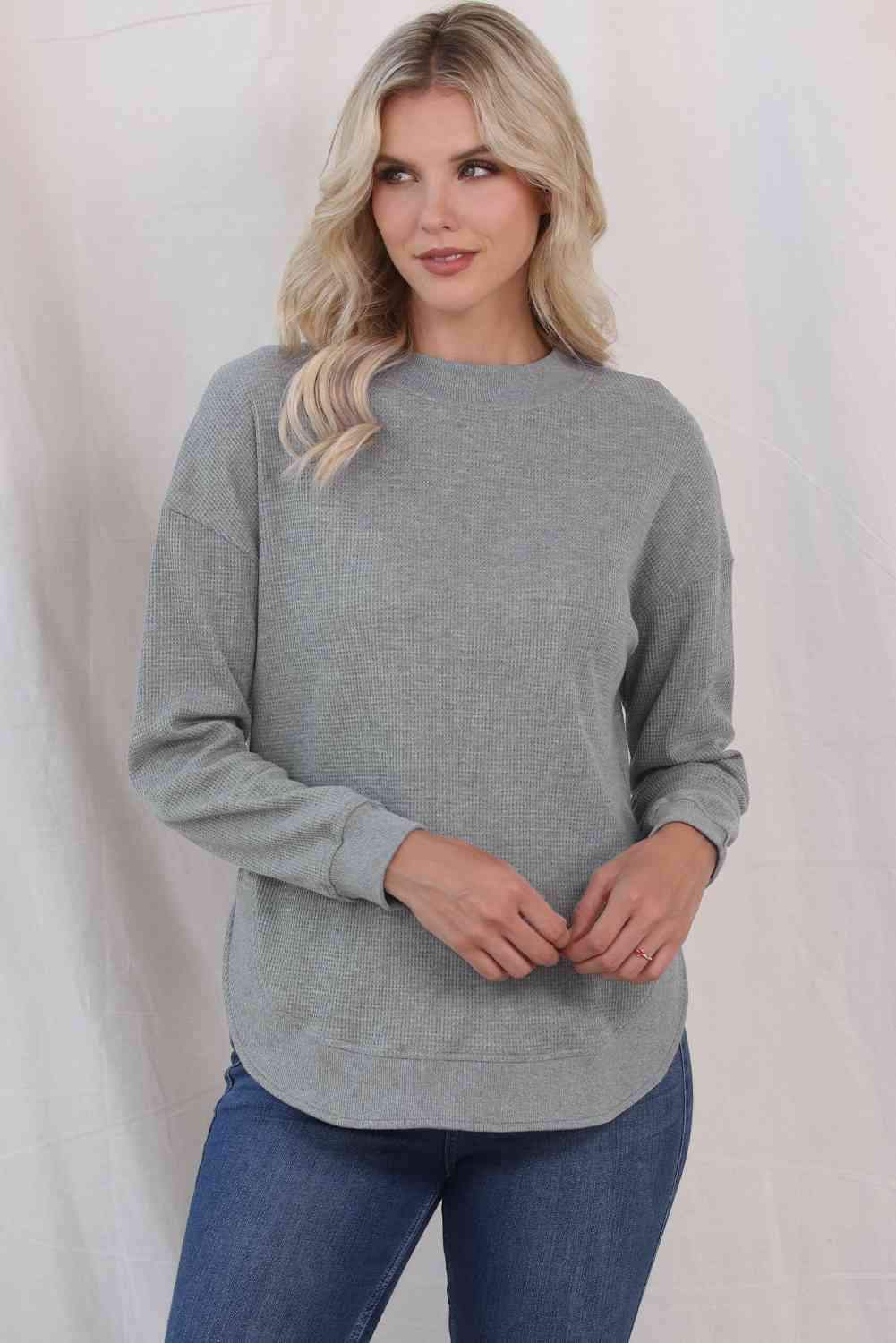 Waffle-Knit Crewneck Drop Shoulder Top Women's T-Shirts - Tophatter Daily Deals