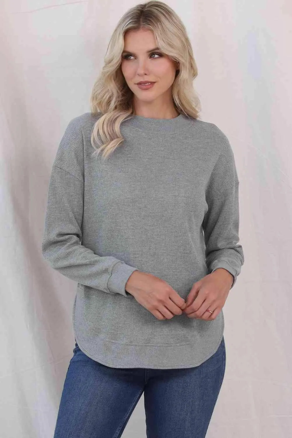 Waffle-Knit Crewneck Drop Shoulder Top Women's T-Shirts - Tophatter Daily Deals