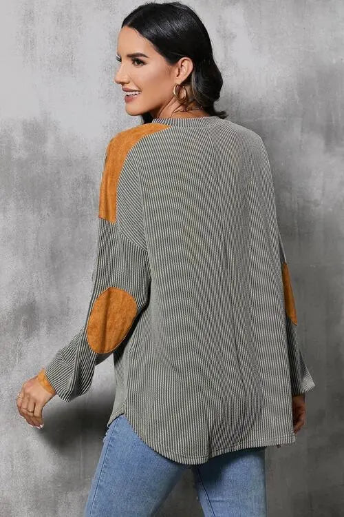 Striped Notched Long Sleeve Blouse Blouses - Tophatter Daily Deals