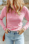 Double Take Striped Mock Neck Long Sleeve Top Hot Pink Blouses - Tophatter Daily Deals