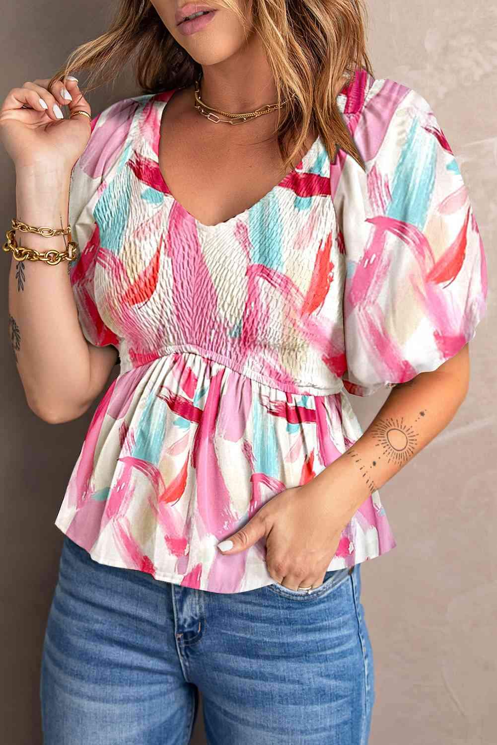 Printed V-Neck Babydoll Blouse Carnation Pink Blouses - Tophatter Daily Deals