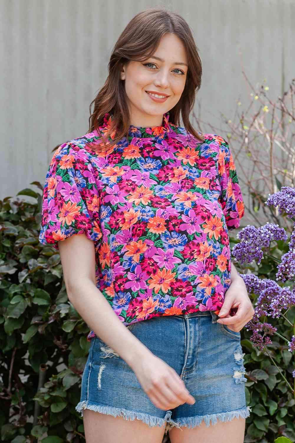 Floral Print Puff Sleeve Round Neck Blouse Blouses - Tophatter Daily Deals