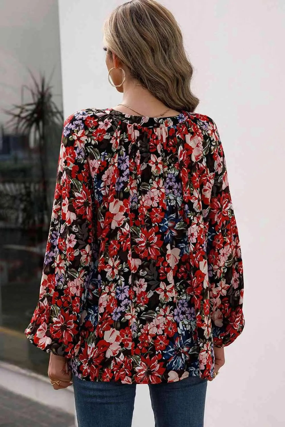 Floral Print Balloon Sleeve Ruched Blouse Blouses - Tophatter Daily Deals