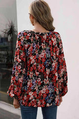Floral Print Balloon Sleeve Ruched Blouse Blouses - Tophatter Daily Deals