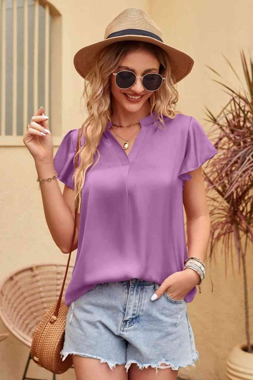 Flutter Sleeve Notched Neck Satin Blouse Blouses - Tophatter Daily Deals