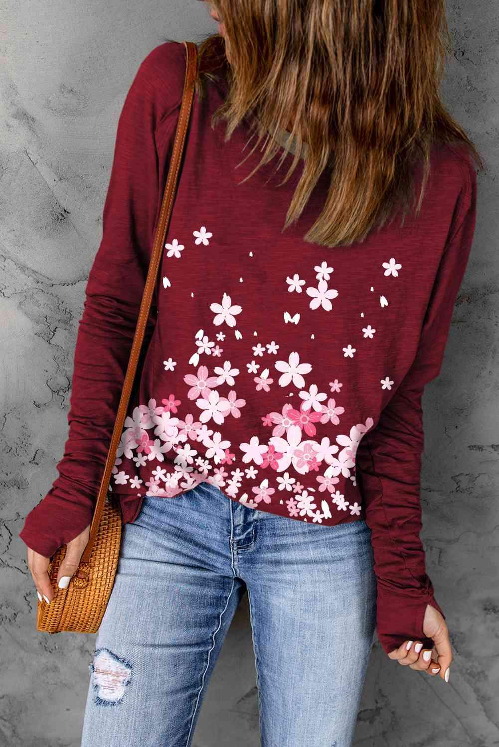 Floral Round Neck Thumbhole Sleeve Top Wine Blouses - Tophatter Daily Deals