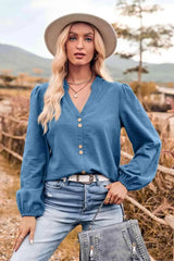 V-Neck Balloon Sleeve Button-Up Blouse Blouses - Tophatter Daily Deals