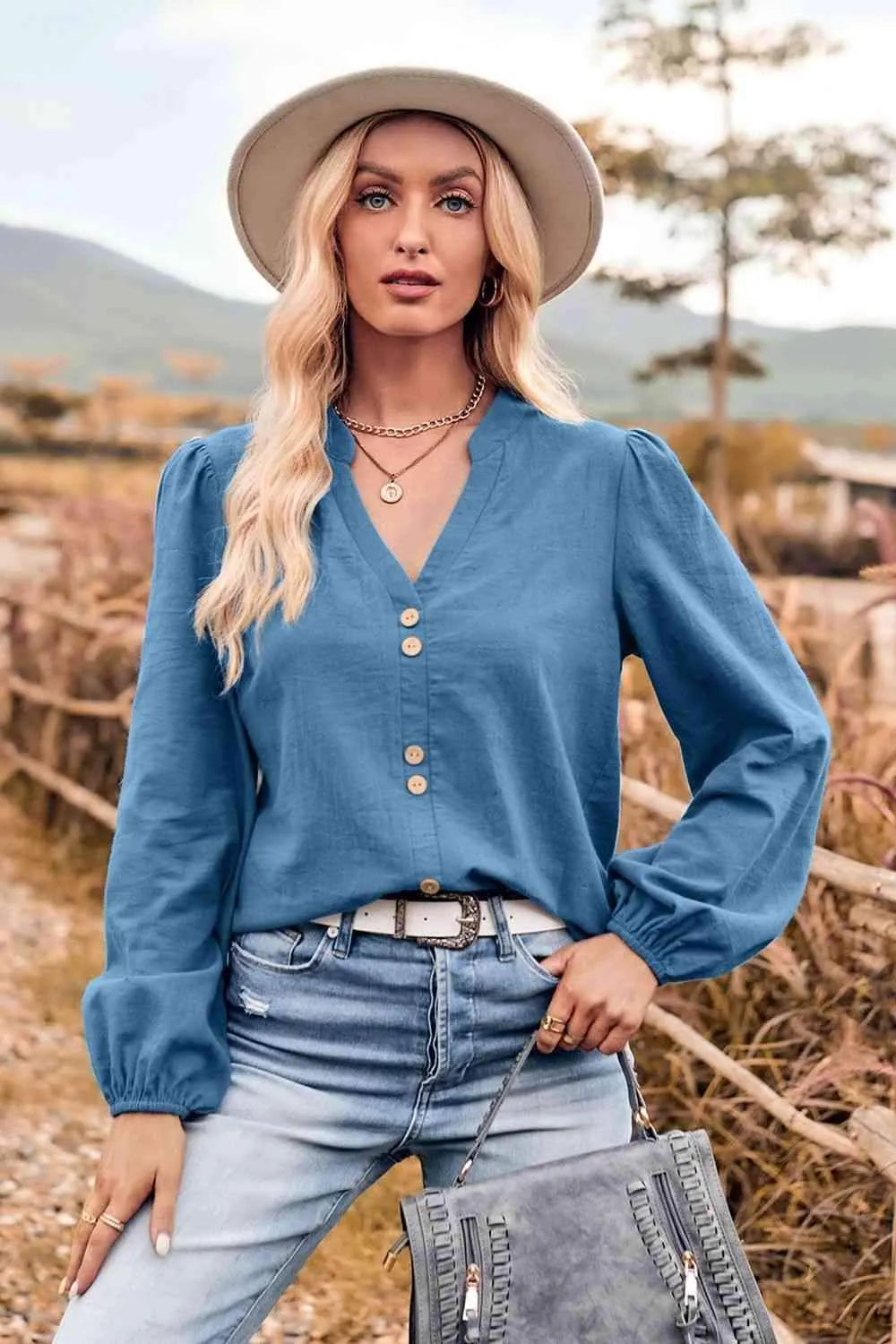 V-Neck Balloon Sleeve Button-Up Blouse Blouses - Tophatter Daily Deals