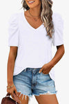 V-Neck Puff Sleeve Tee White Women's T-Shirts - Tophatter Daily Deals