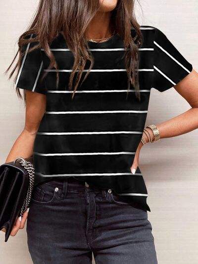 Striped Round Neck Short Sleeve T-Shirt Black Women's T-Shirts - Tophatter Daily Deals