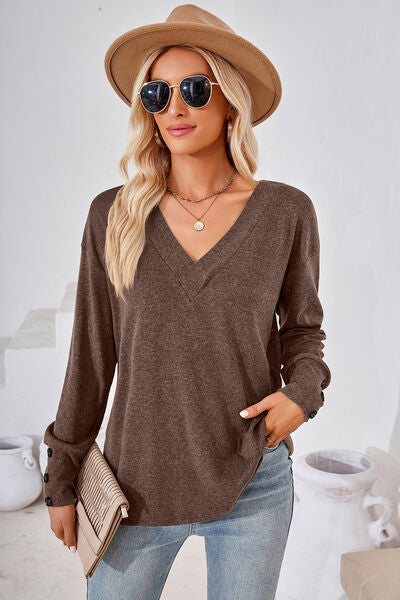 V-Neck Dropped Shoulder T-Shirt Taupe Women's T-Shirts - Tophatter Daily Deals