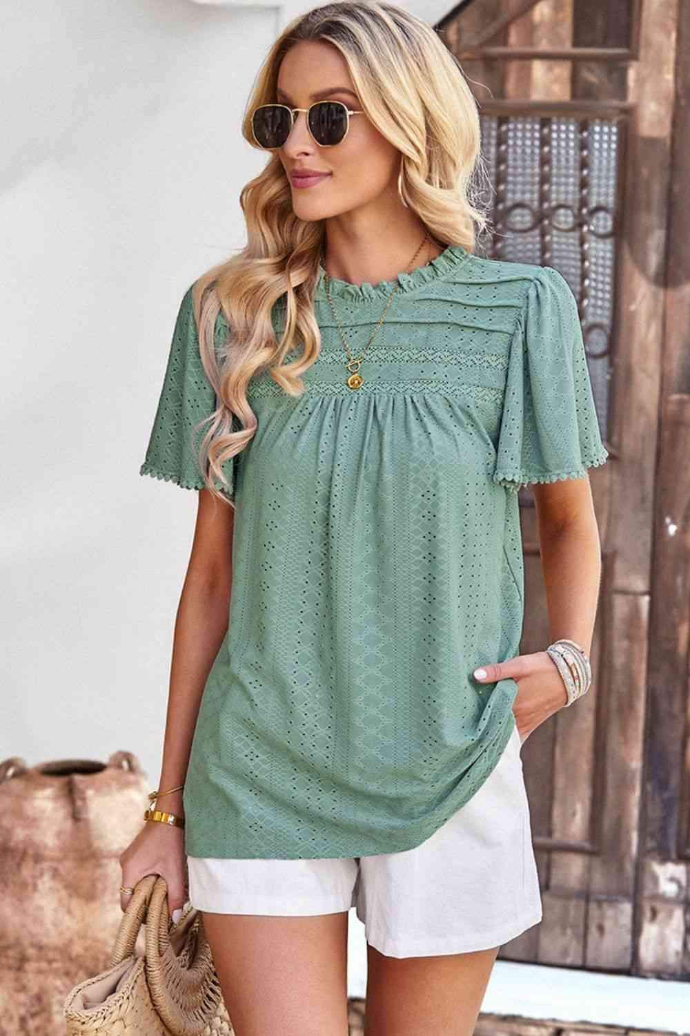 Frill Trim Round Neck Eyelet Puff Sleeve Blouse Gum Leaf Blouses - Tophatter Daily Deals