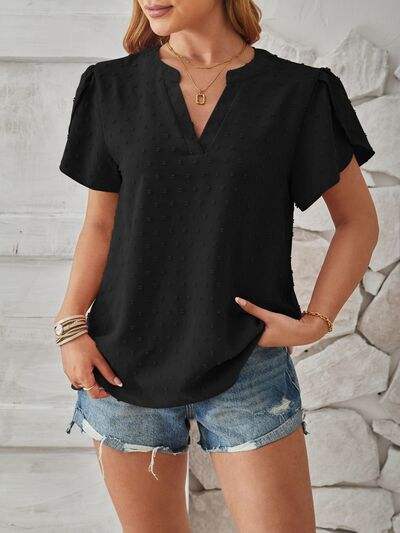 Swiss Dot Notched Petal Sleeve T-Shirt Women's T-Shirts - Tophatter Daily Deals