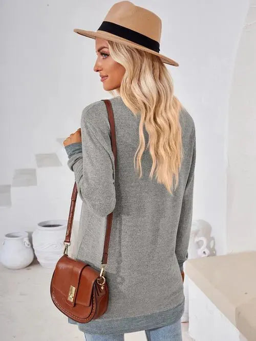 Crochet Contrast V-Neck Long Sleeve Slit T-Shirt Women's T-Shirts - Tophatter Daily Deals