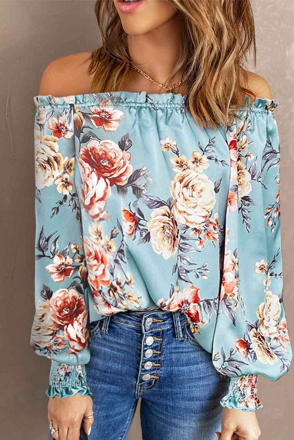 Floral Frill Trim Off-Shoulder Lantern Sleeve Blouse Blouses - Tophatter Daily Deals