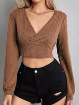 Textured Surplice Long Sleeve T-Shirt Caramel Women's T-Shirts - Tophatter Daily Deals