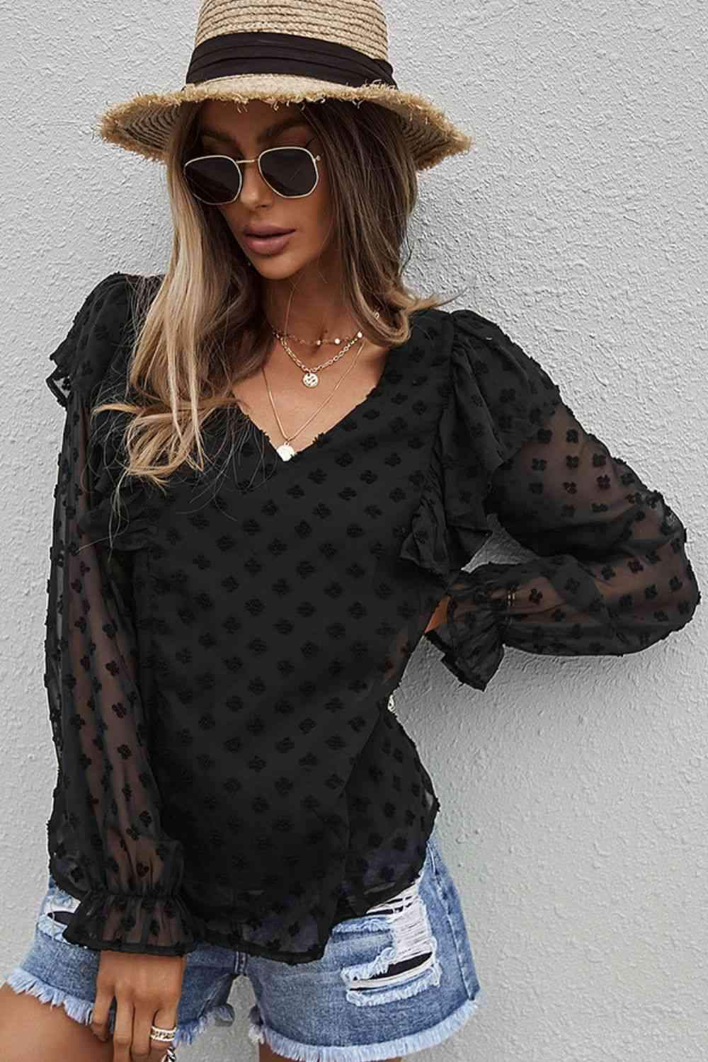 Swiss Dot Ruffle Shoulder Long Sleeve Blouse Blouses - Tophatter Daily Deals