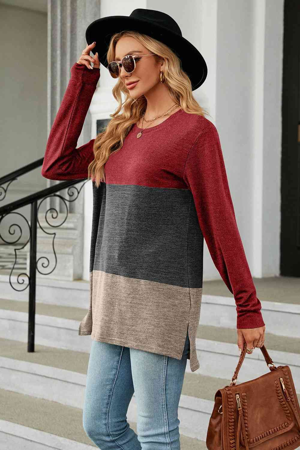 Color Block Round Neck Long Sleeve Slit T-Shirt Women's T-Shirts - Tophatter Daily Deals