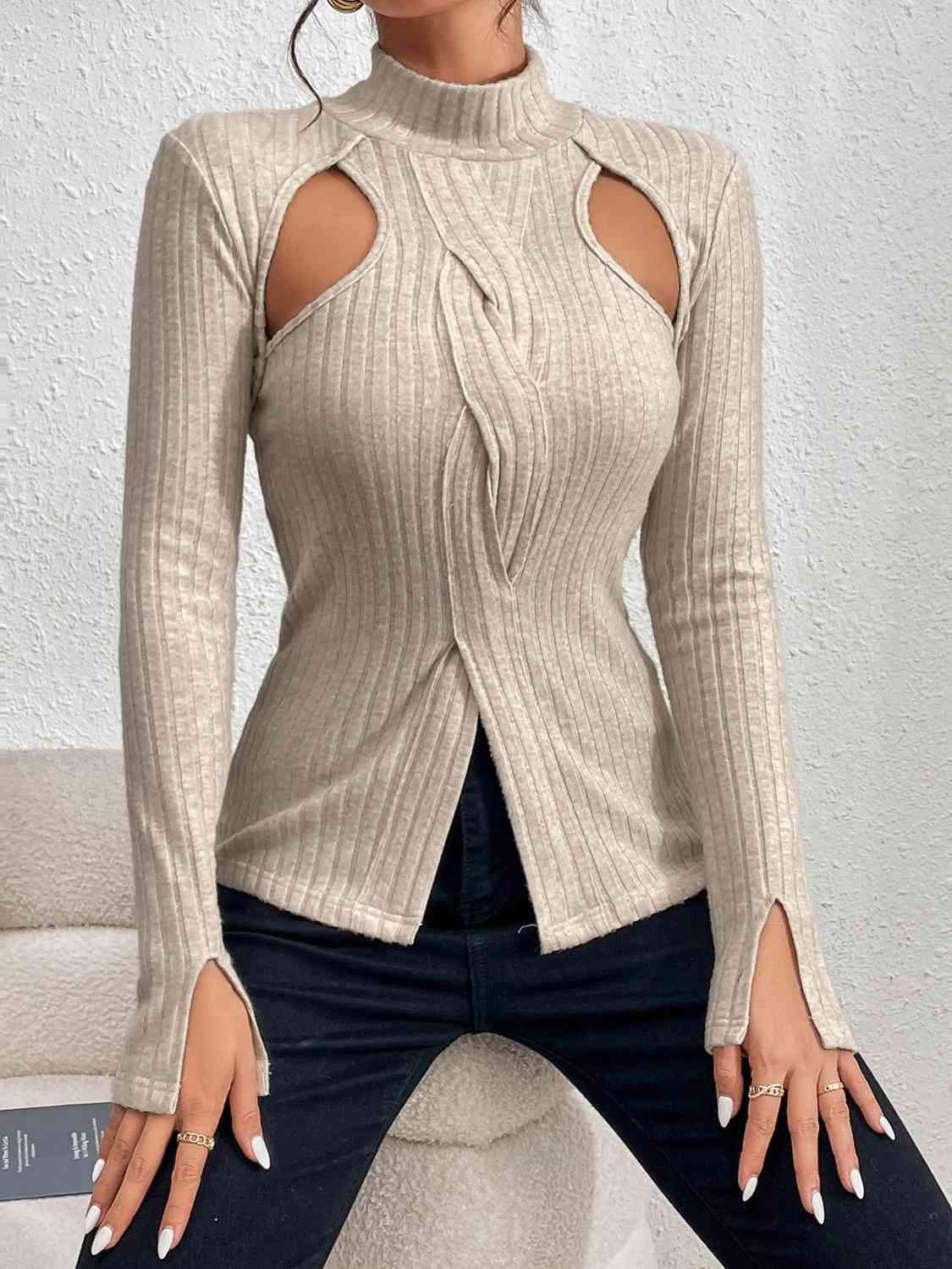 Cutout Mock Neck Long Sleeve Blouses Blouses - Tophatter Daily Deals