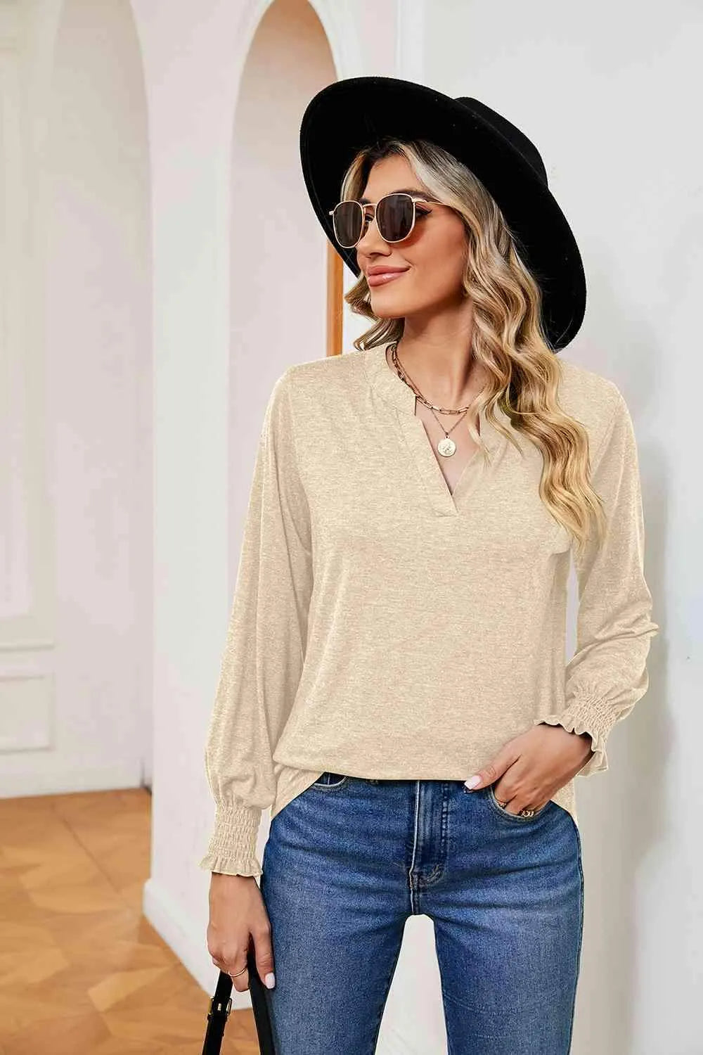 Notched Neck Long Sleeve Blouse Blouses - Tophatter Daily Deals