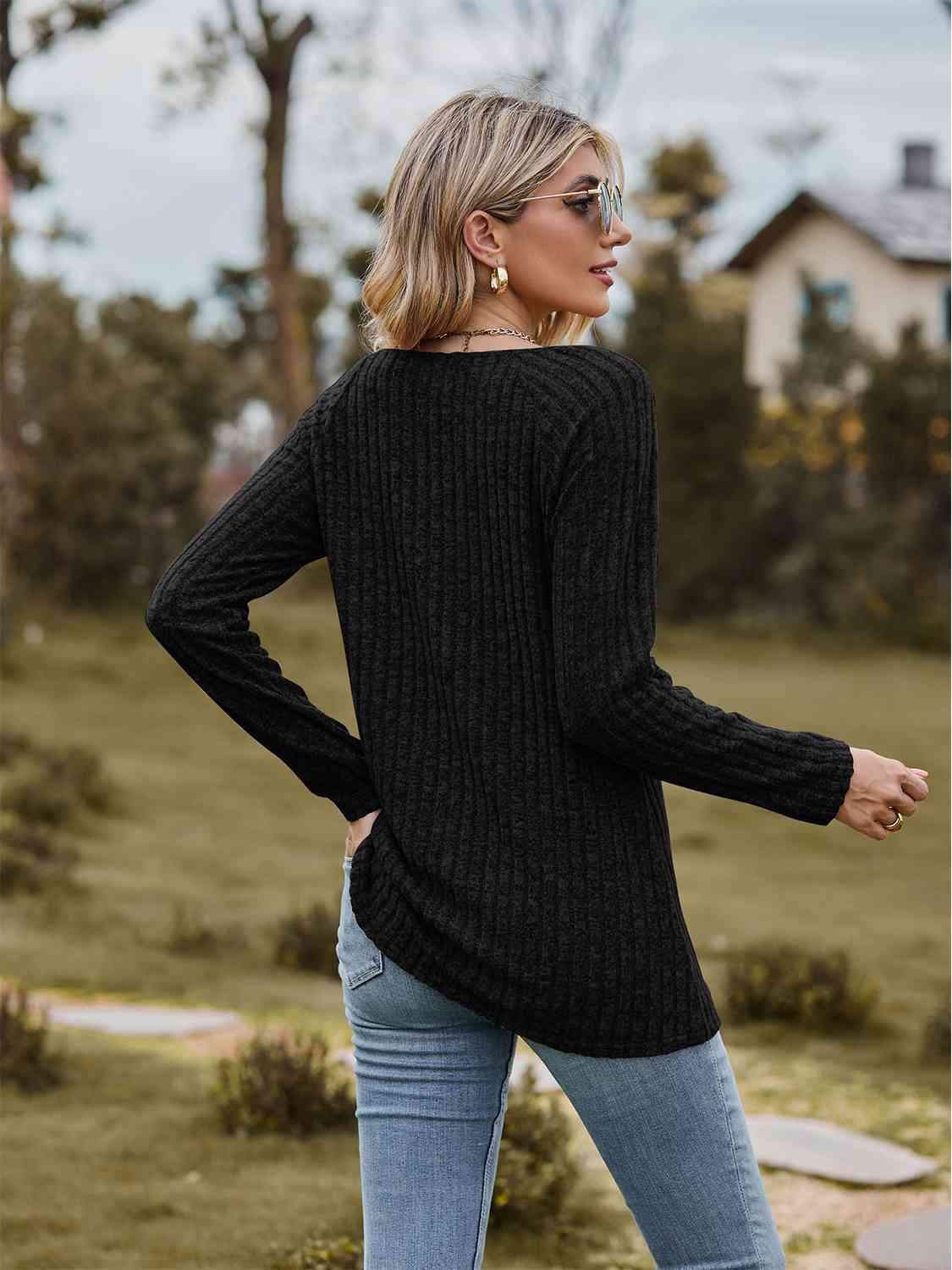 Full Size Ribbed Square Neck Long Sleeve T-Shirt Women's T-Shirts - Tophatter Daily Deals