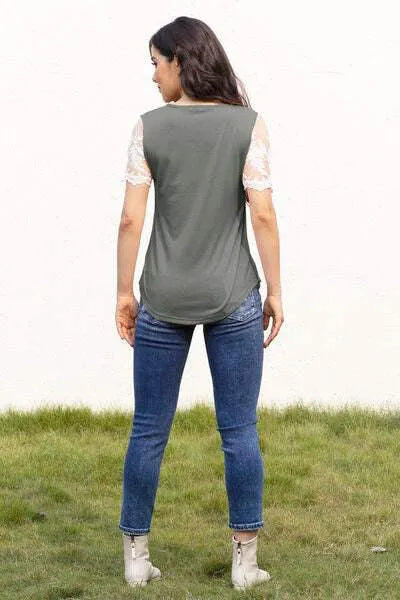 Square Neck Lace Short Sleeve T-Shirt Women's T-Shirts - Tophatter Daily Deals
