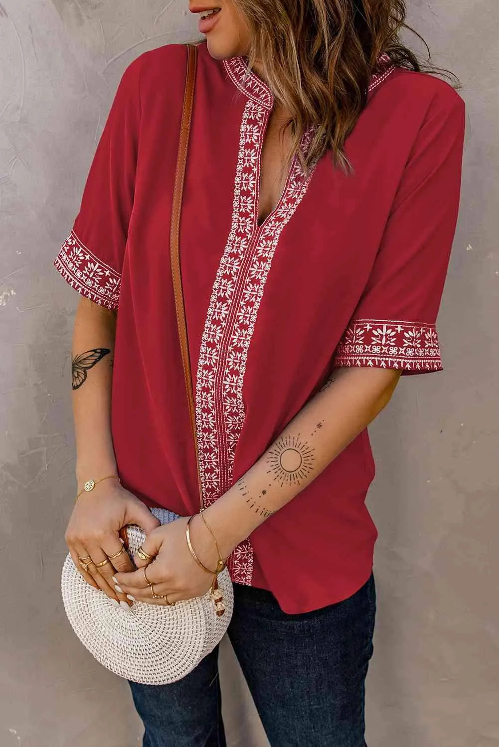 Embroidered V-Neck Top Blouses - Tophatter Daily Deals