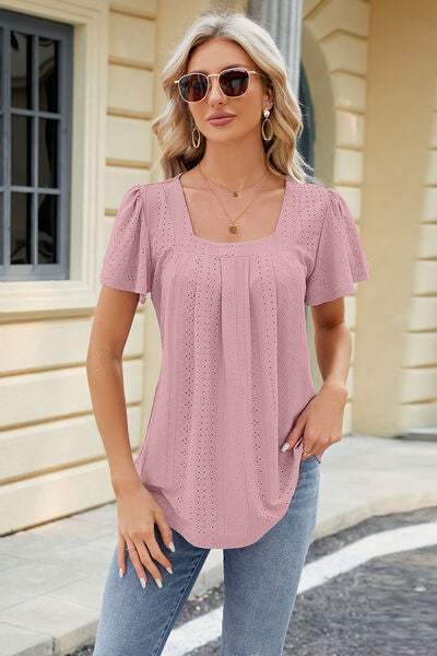 Eyelet Square Neck Short Sleeve T-Shirt Women's T-Shirts - Tophatter Daily Deals