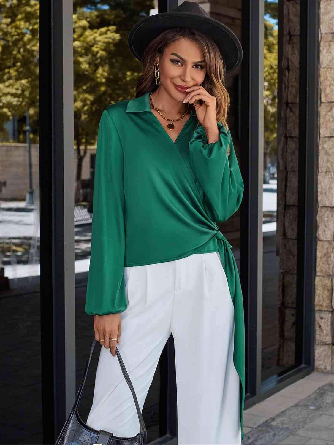 Surplice Neck Long Sleeve Blouse Blouses - Tophatter Daily Deals