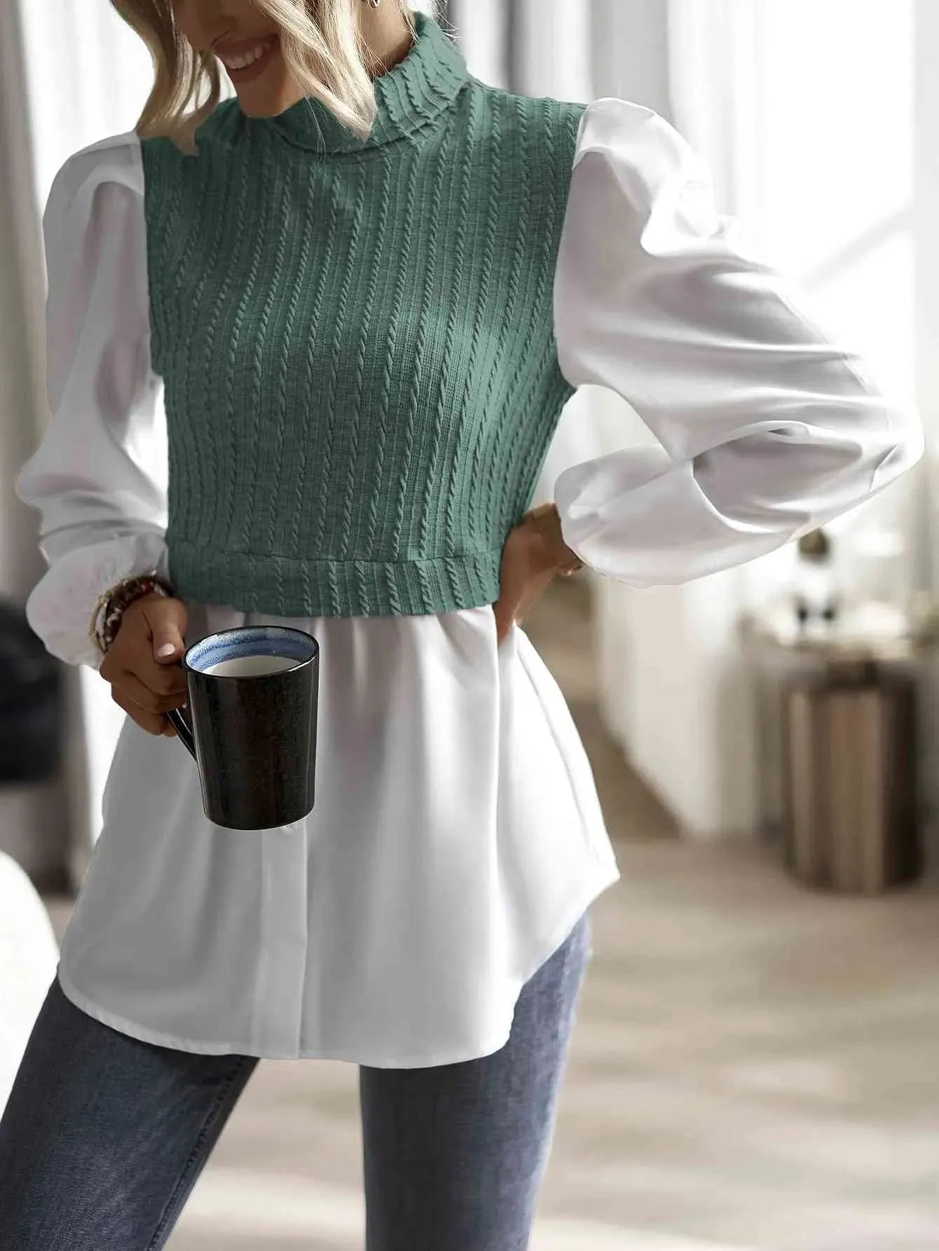 Contrast Cable-Knit Mock Neck Top Blouses - Tophatter Daily Deals