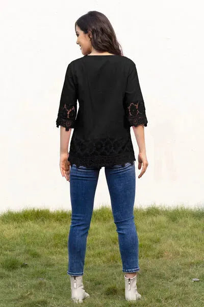 Tie Neck Lace Detail Half Sleeve Blouse Blouses - Tophatter Daily Deals