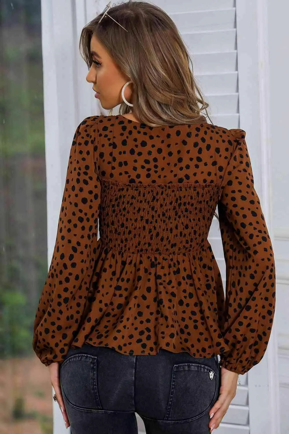 Square Neck Long Sleeve Smocked Blouse Blouses - Tophatter Daily Deals