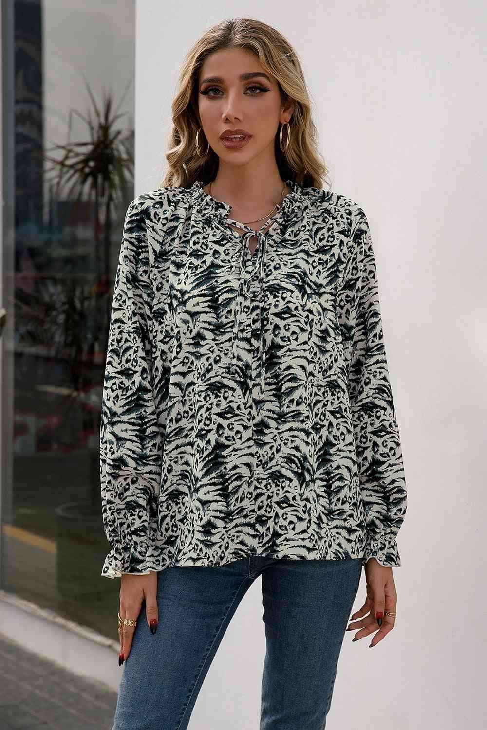 Printed Tie Neck Frill Trim Flounce Sleeve Blouse Blouses - Tophatter Daily Deals