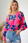 Floral Print V-Neck Lantern Sleeve Blouse Floral Blouses - Tophatter Daily Deals