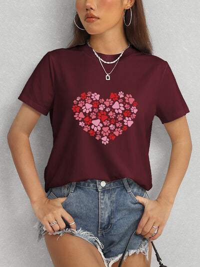 Heart Round Neck Short Sleeve T-Shirt Women's T-Shirts - Tophatter Daily Deals