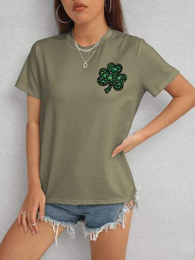 Lucky Clover Round Neck Short Sleeve T-Shirt Army Green Women's T-Shirts - Tophatter Daily Deals