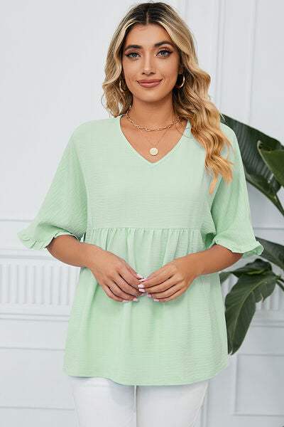 Peplum V-Neck Half Sleeve T-Shirt Light Green Women's T-Shirts - Tophatter Daily Deals