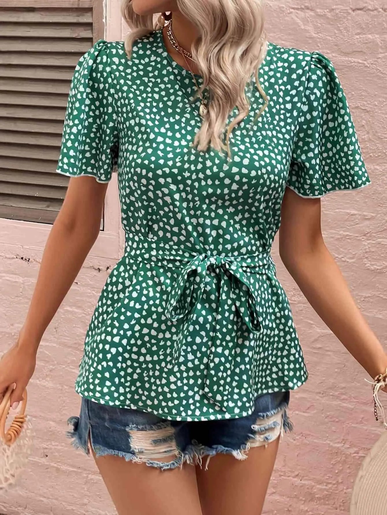 Heart Print Tie Belt Puff Sleeve Blouse Blouses - Tophatter Daily Deals
