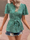 Heart Print Tie Belt Puff Sleeve Blouse Blouses - Tophatter Daily Deals