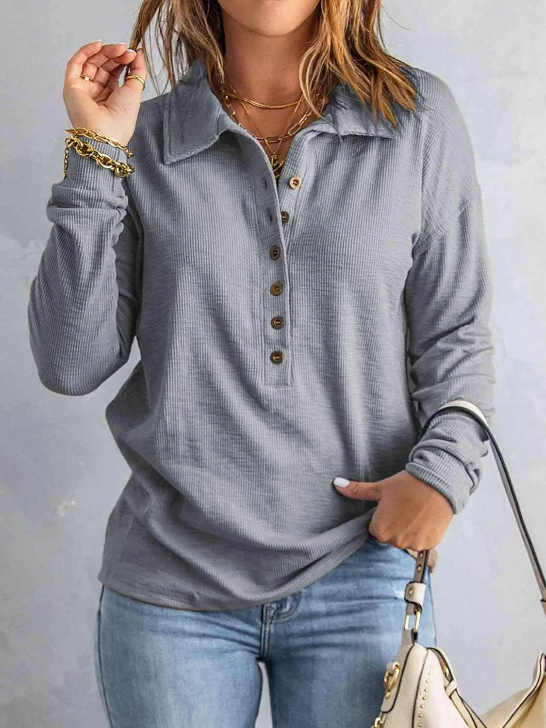 Collared Neck Half Button Top Blouses - Tophatter Daily Deals