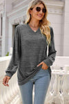 Long Puff Sleeve V-Neck Top Gray Women's T-Shirts - Tophatter Daily Deals