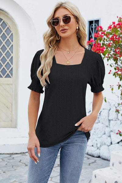 Eyelet Square Neck Short Sleeve T-Shirt Black Women's T-Shirts - Tophatter Daily Deals