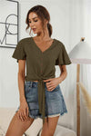 Decorative Button V-Neck Tied Blouse Blouses - Tophatter Daily Deals