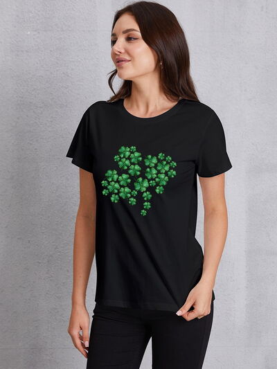 Lucky Clover Round Neck T-Shirt Black Women's T-Shirts - Tophatter Daily Deals