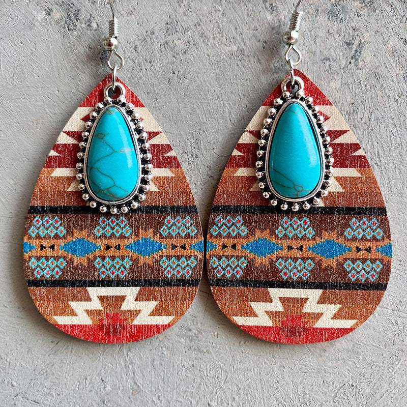 Turquoise Teardrop Shape Wooden Dangle Earrings Style A One Size Earrings - Tophatter Daily Deals